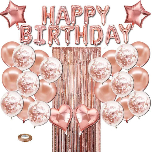 Happy Birthday Balloons Banner Rose Gold Foil Birthday Decorations with Tassels and Ribbons - 1