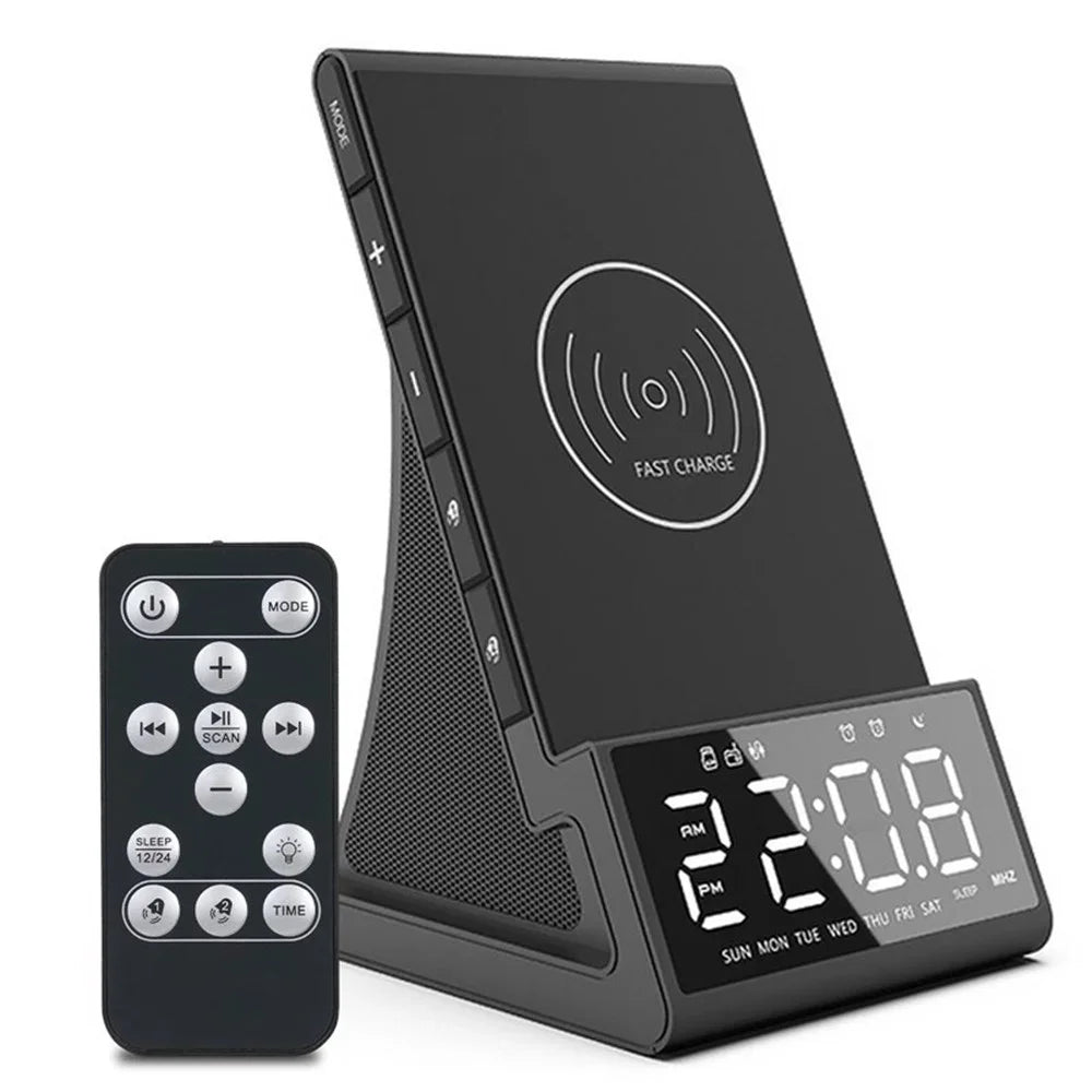 10W Bedside FM Radio Alarm Clock Bluetooth-compatible Speaker QI Wireless Charging Phone Charger with LED Display - 1