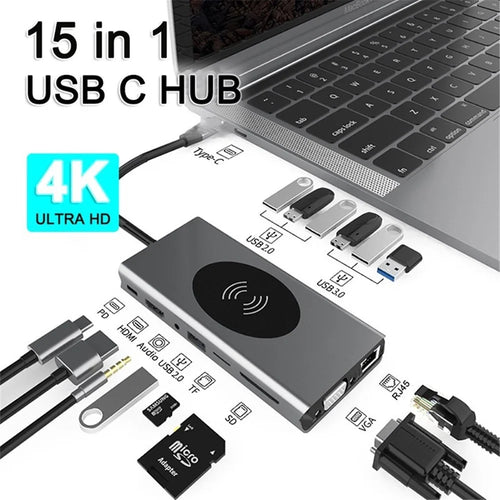 15-in-1 USB C Hub 10W Wireless Charger Type C to 4K Resolution HD Video 1080P VGA PD TF 3.5mm Adapter USB 3.0 Splitter 1000M RJ45 - 1