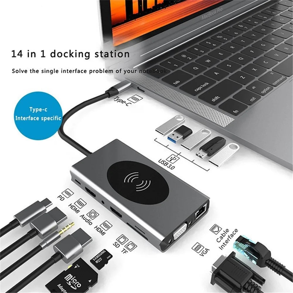 14-in-1 USB C 76yu6y[ USB Type-C to 4K HD 1080P VGA PD TF 3.5mm Adapter USB 3.0 Splitter 1000M RJ45 - 1
