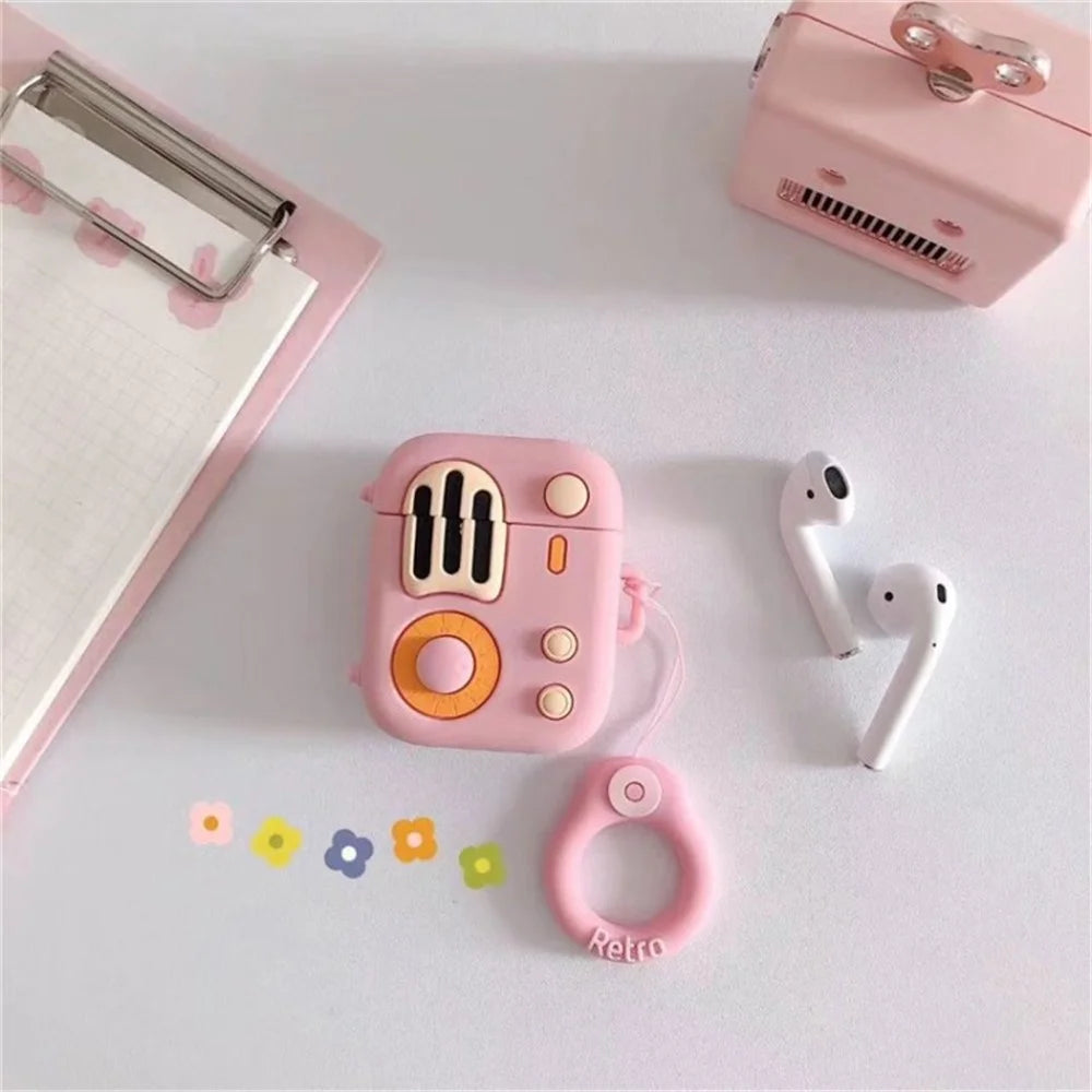 For Apple Airpods 1/2 Silicone Case Retro Radio Wireless Earphones Protector - Pink - 1