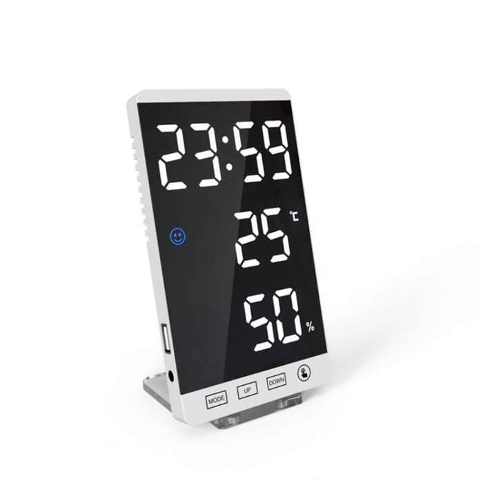 6 Inch Mirror LED Alarm Clock Digital Clock Temperature Humidity Display USB Port Table Clock - White - 1