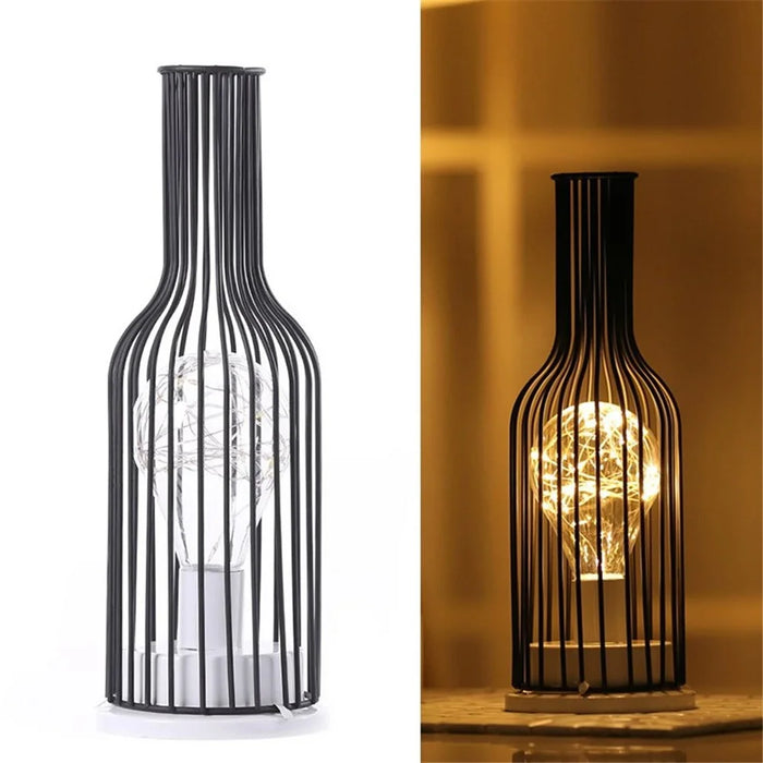Iron Hollow Table Lamps Warm Light Lantern Bedside Desk Light for Home Decor - Wine Bottle - 1