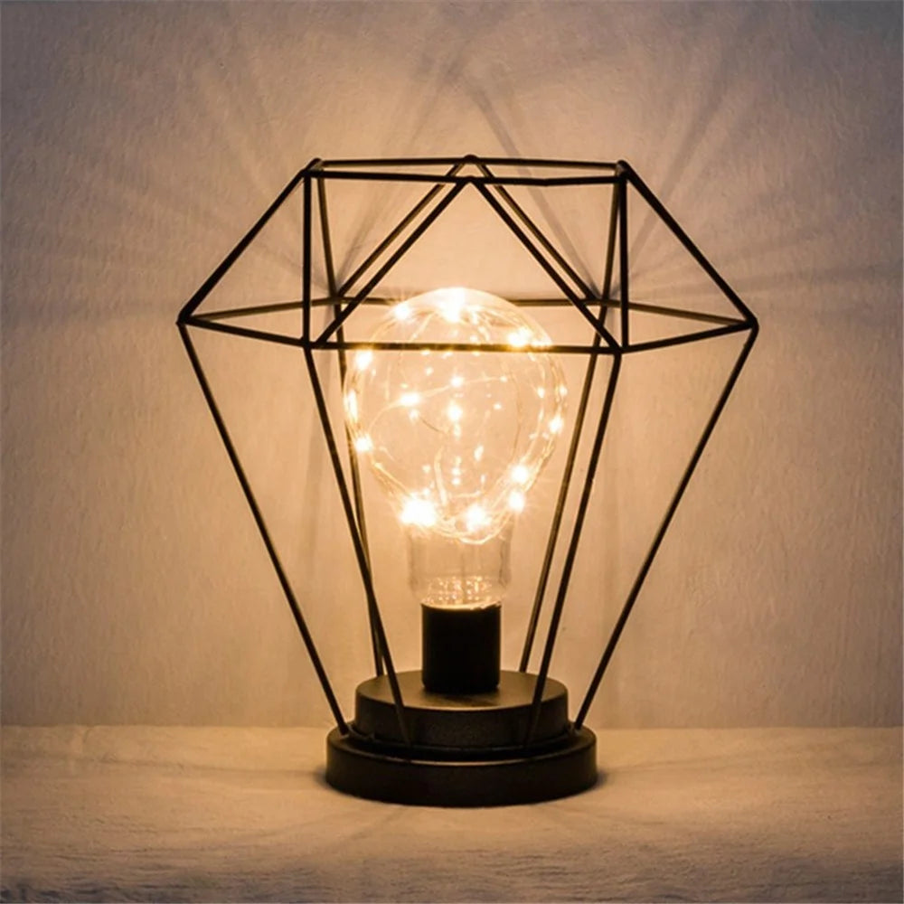 Iron Hollow Table Lamps Warm Light Lantern Bedside Desk Light for Home Decor - Diamond - 1