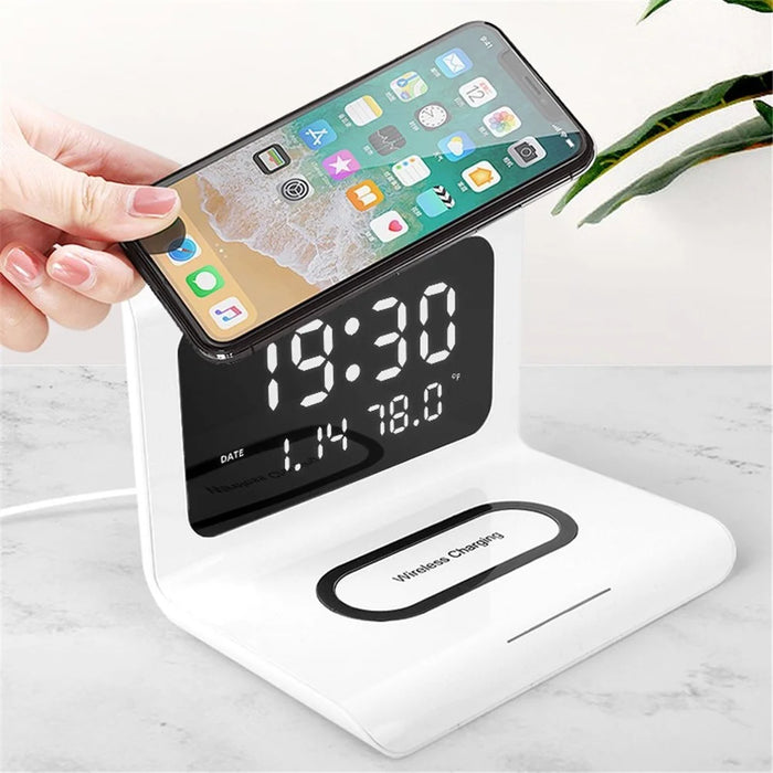 Alarm Clock Time Date Temperature Display Wireless Mobile Phone Charger Charging Dock - White - 1