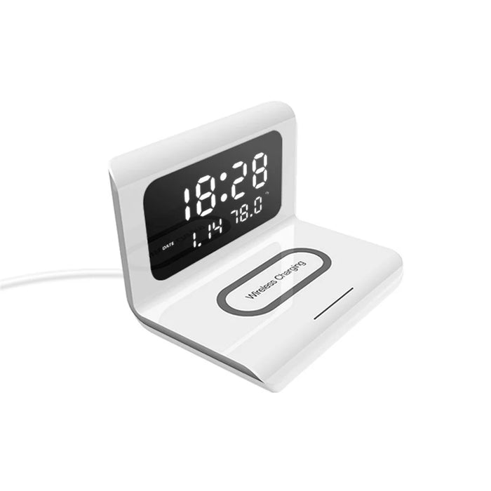 Alarm Clock Time Date Temperature Display Wireless Mobile Phone Charger Charging Dock - White - 2