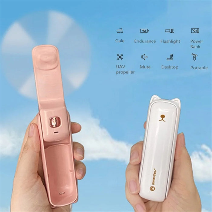 3 in 1 Mini Handheld Cooling Fan Cute Cat LED Flashlight Power Bank for Office Home Travel - White - 2