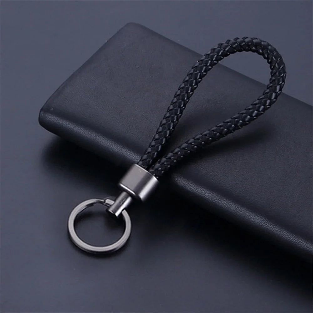 Woven Handmade PU Leather Keychain Men Women Car Key Ring - Black - 1