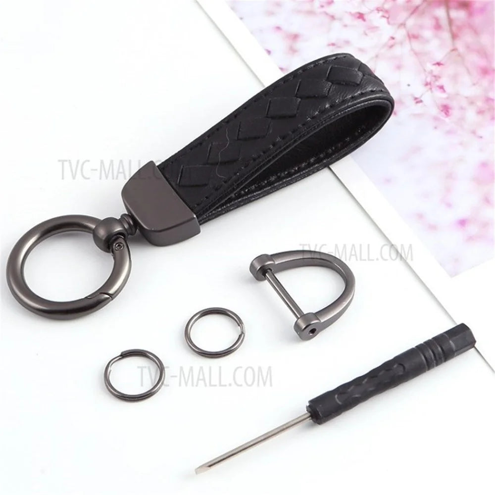 Key Chain Woven Lambskin Genuine Leather Keychain Detachable Car Key Ring - Black Strap/Black Ring - 1