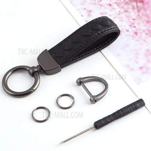 Key Chain Woven Lambskin Genuine Leather Keychain Detachable Car Key Ring - Black Strap/Black Ring - 1
