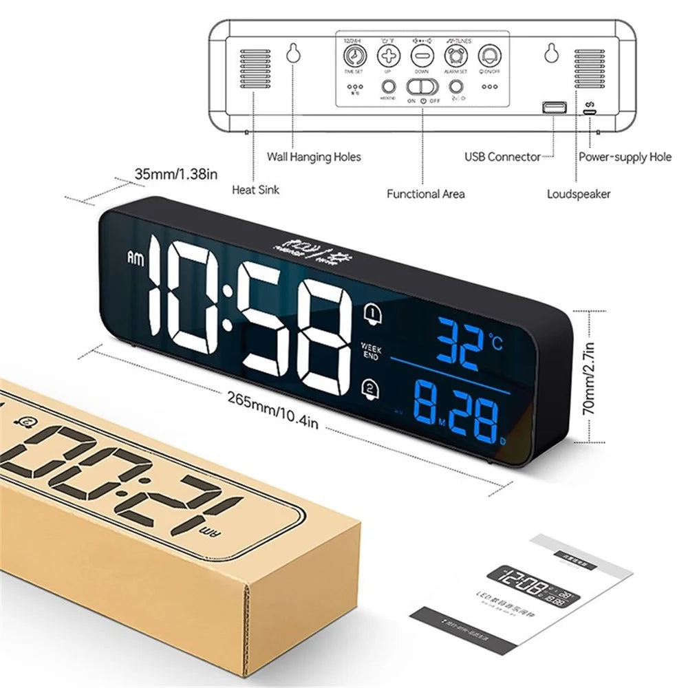 Digital Alarm Clock HD Display Sound Control Dual Alarms Snooze Temperature Volume & Brightness Adjustable Clock - Black - 1