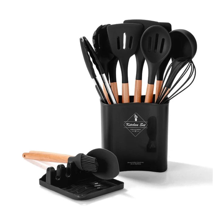 11Pcs BPA Free Kitchen Utensils Set with Holder Silicone Kitchenware Cooking Utensils Set (without FDA Certificate) - Black - 1