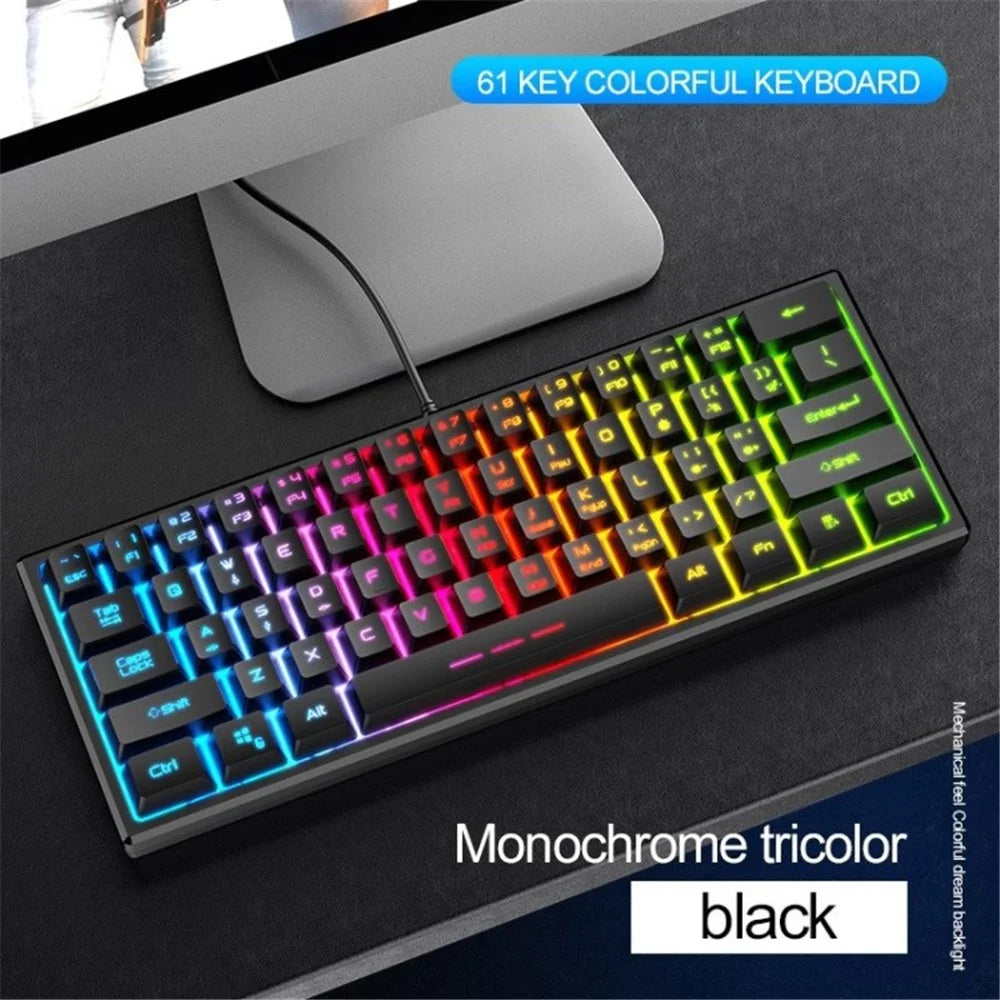 FV-61 Wired Gaming Keyboard RGB Backlit 61 Keys Computer Keyboard - Black/Character Glowing - 1