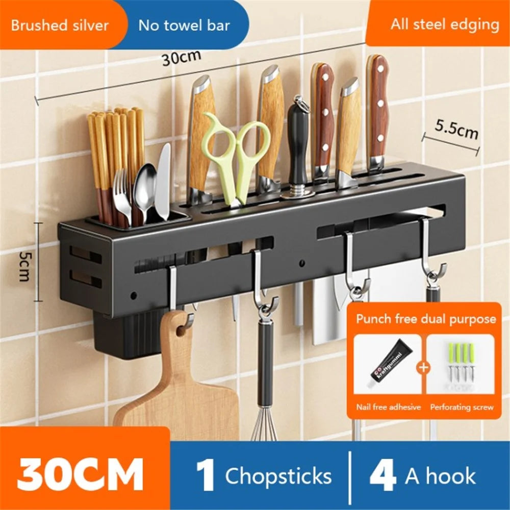 Kitchen Knife Holder Wall Mounted Stainless Steel Utensils Hooks Hanger Storage Organizer - Black / 30cm Length - 1