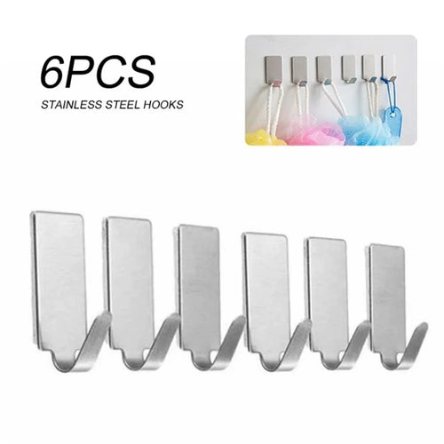 6Pcs Towel Bag Hooks Self-Adhesive Stainless Steel Kitchen Cookware Hanger Holder - 1