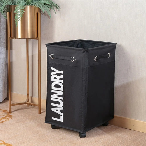 Foldable Oxford Fabric Laundry Hamper with Wheels 60x40x35cm Collapsible Storage Basket - Black - 1