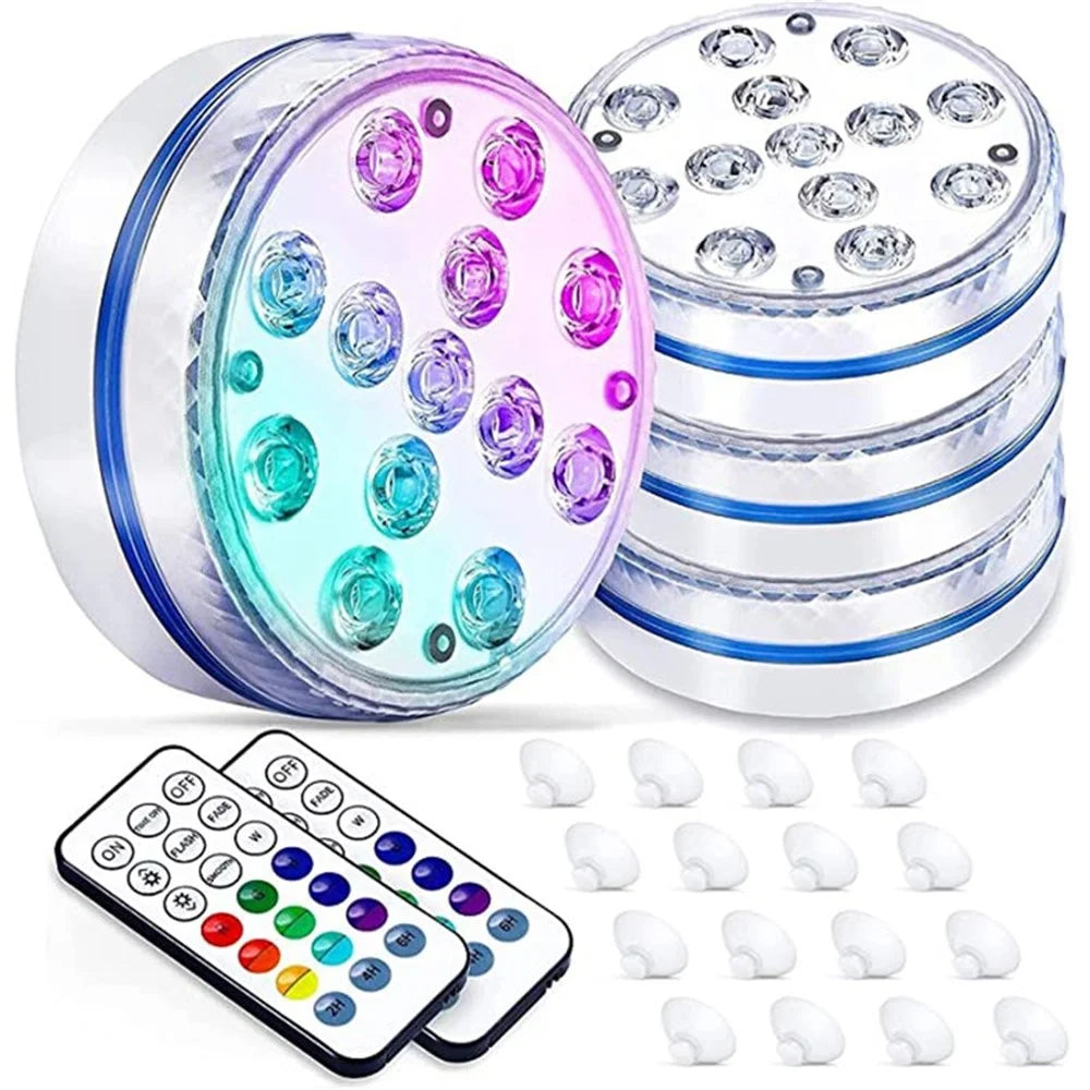 Submersible LED Light 16 RGB Lighting Modes Timer Remote Control Pool Light - 2 Lights with 2 Remotes - 1