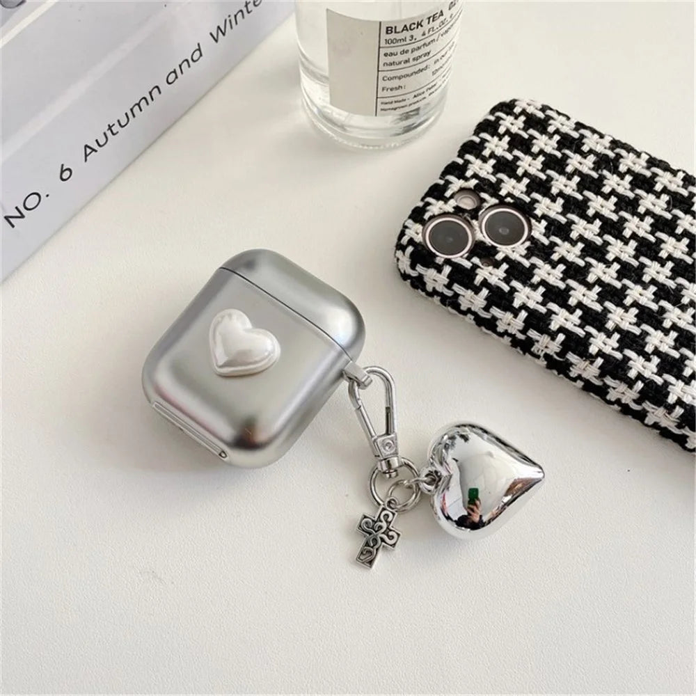 For Apple AirPods Pro/1/2/3/with Charging Case (2016)/with Wireless Charging Case (2019)/with Charging Case (2019) Earphone Box Case Cover Silver Heart Pendant Bluetooth-compatible Earbuds Case - For AirPods 1/2 - 1