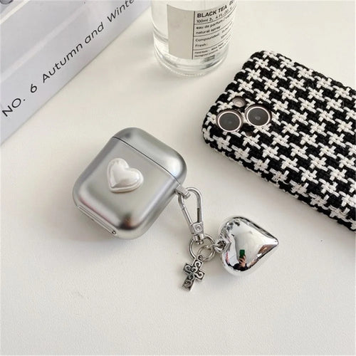 For Apple AirPods Pro/1/2/3/with Charging Case (2016)/with Wireless Charging Case (2019)/with Charging Case (2019) Earphone Box Case Cover Silver Heart Pendant Bluetooth-compatible Earbuds Case - For AirPods 1/2 - 1