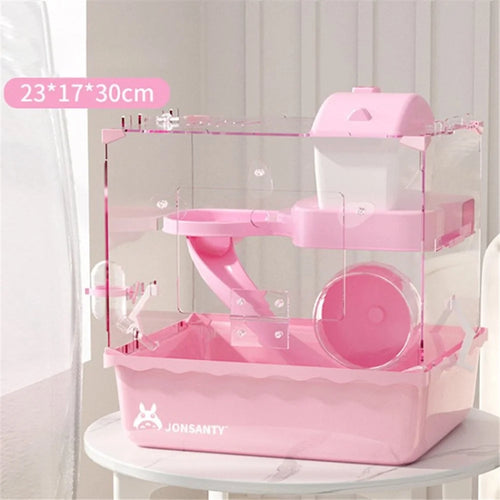 Dual Layer Pet Cage for Small Animals Dwarf Hamster House Travel Carrier, Size S - Pink - 1