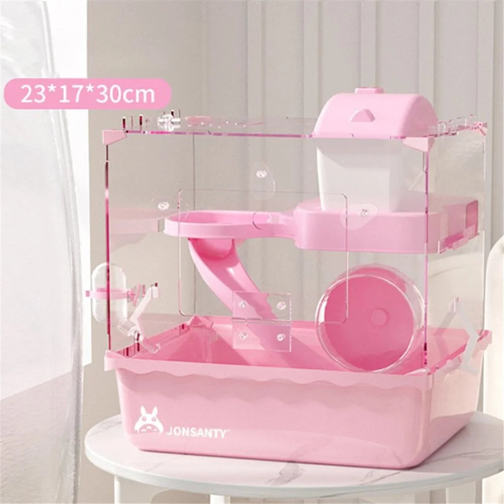 Dual Layer Pet Cage for Small Animals Dwarf Hamster House Travel Carrier, Size S - Pink - 1