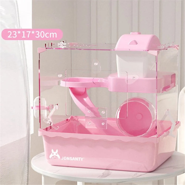 Dual Layer Pet Cage for Small Animals Dwarf Hamster House Travel Carrier, Size S - Pink - 1