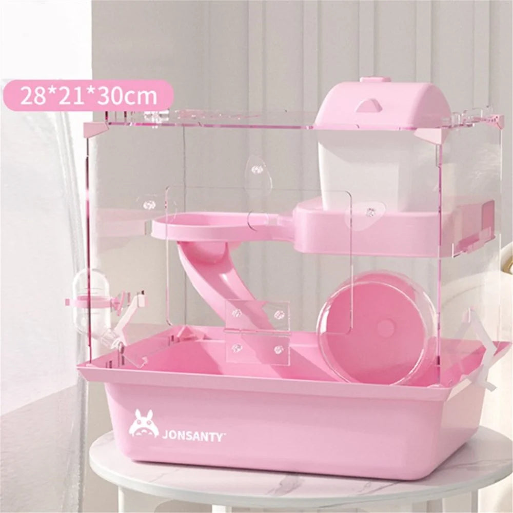 Hamster Cage Transparent Dual Layer Acrylic Small Animal House Pet Carrier, Size L - Pink - 1