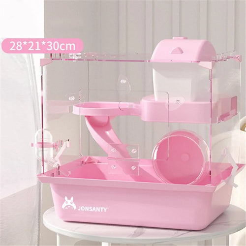 Hamster Cage Transparent Dual Layer Acrylic Small Animal House Pet Carrier, Size L - Pink - 1