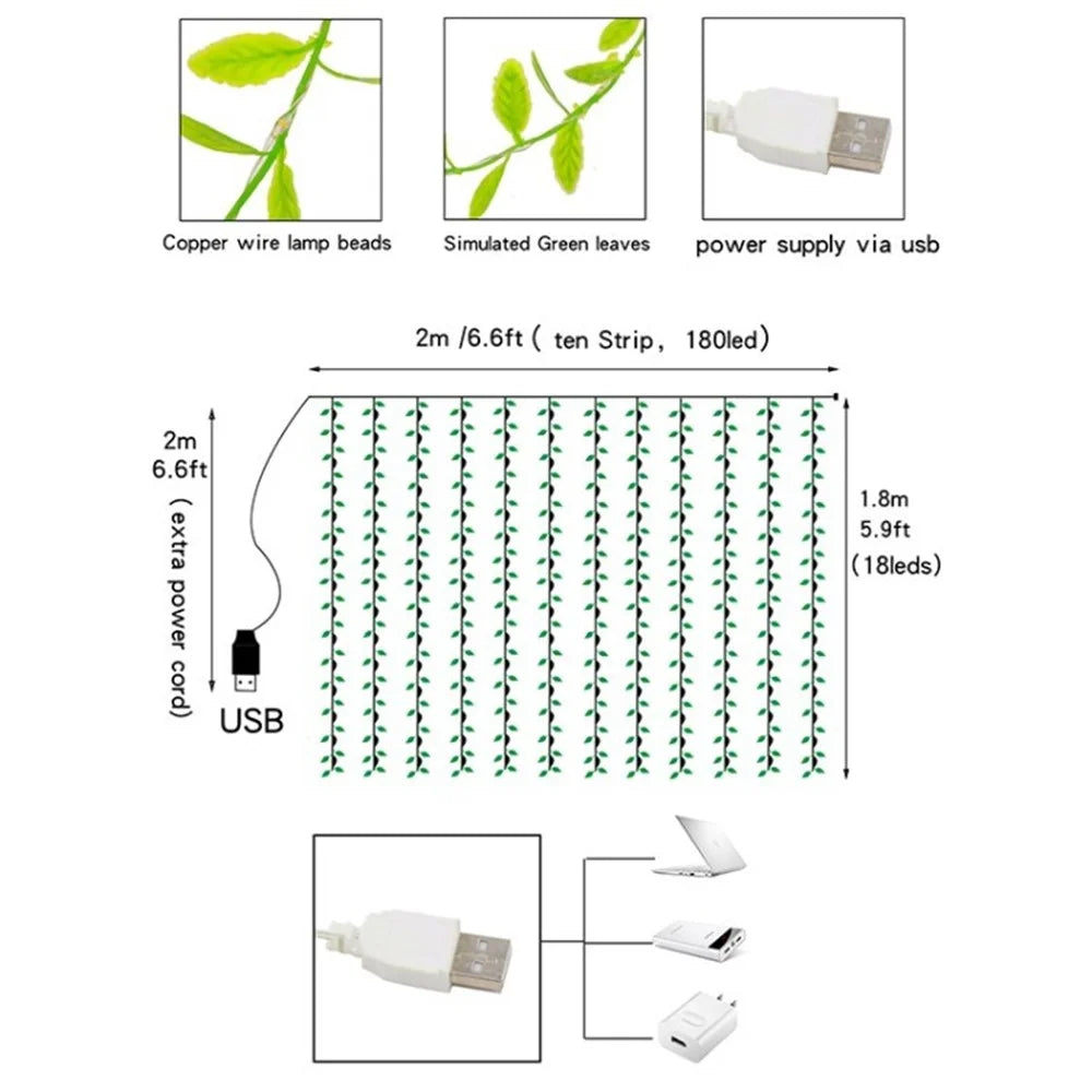 Decorative String Light Leaves Fairy Curtain Light Wedding Party Home Decor - USB - Cable Powered - 1