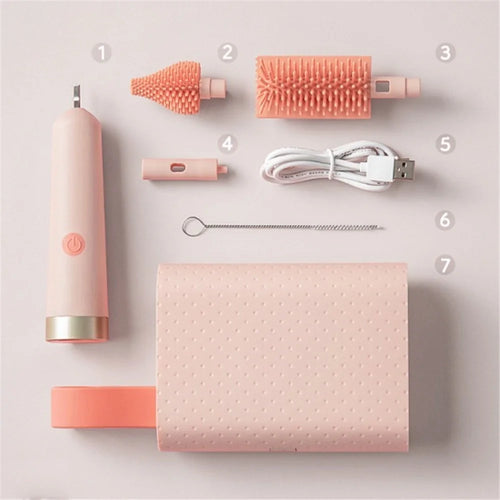 360-Degree Long-Handle Electric Silicone Bottle Cleaner Brush for Milk Bottle/Glass/Mug/Cup - Pink - 1
