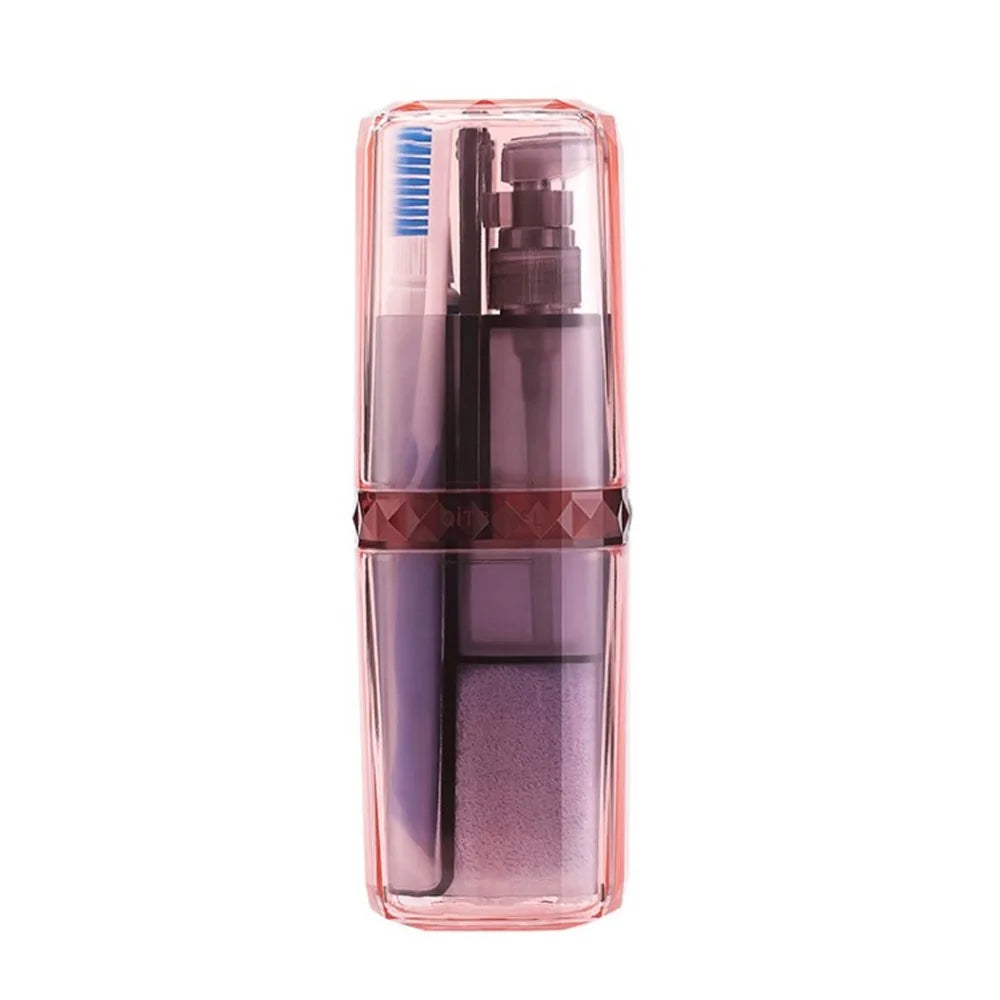 Portable Toothbrush Kit 7-in-1 Travel Toiletries Bottles Toothbrush Comb Towel 2 Cups for Travel Business Trip - Pink - 1