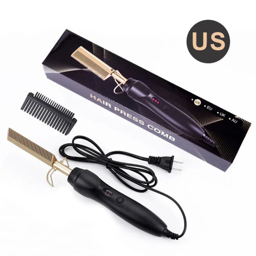 Anti-scald Electric Curling Comb Stick Wet Dry Hair Straightener Comb Curling Iron - Gold/US Plug - 1