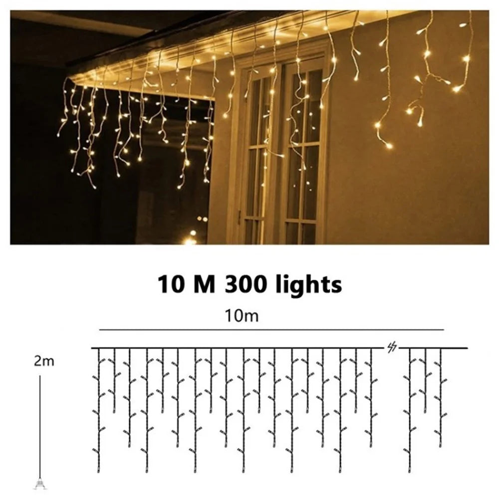 Solar Curtain String Lights Outdoor Remote Control 10m 300 LED Fairy Waterfall String Light for Home Garden Patio Wedding Christmas Party - Warm White - 1