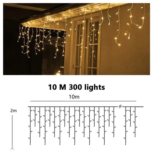 Solar Curtain String Lights Outdoor Remote Control 10m 300 LED Fairy Waterfall String Light for Home Garden Patio Wedding Christmas Party - Warm White - 1