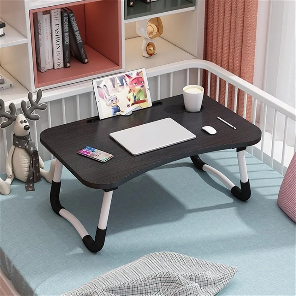 Multifunctional Foldable Laptop Desk Folding Breakfast Tray Portable Lap Standing Desk with Cup Holder, Size: 60x40x28cm - Black - 1