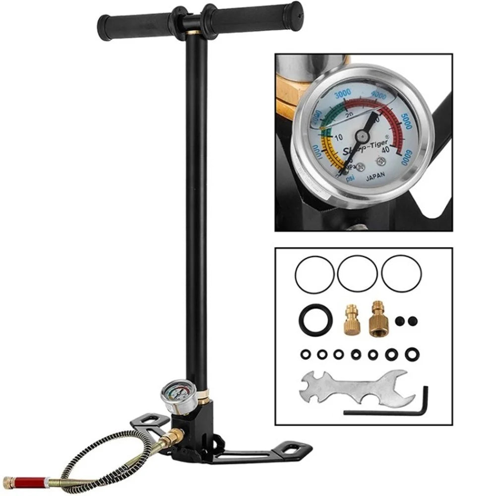 6000PSI High-Pressure Hand Air Pump 3 Stages Airgun PCP Stirrup Pump Bike Bicycle Tire Inflator with Gauge - Black - 1