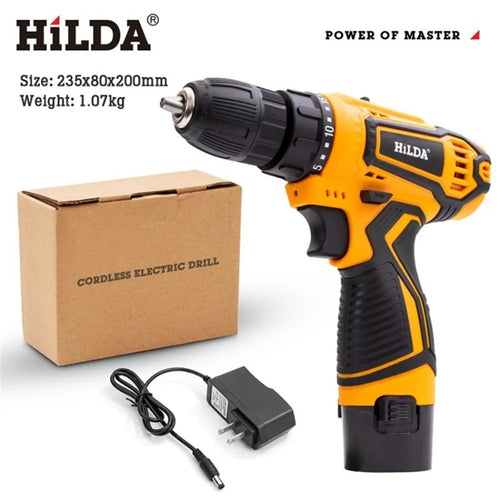HILDA Electric Drill Screwdriver 12V US Plug Rechargeable Cordless Woodworking Drill Power Tool Power Drill Driver - 1