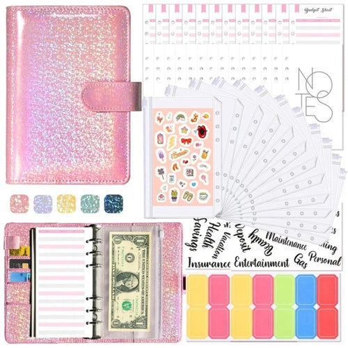 A6 Binder Cover with Zipper Pocker PU Leather Notebook Binder Cash Budget Envelope - Pink - 1