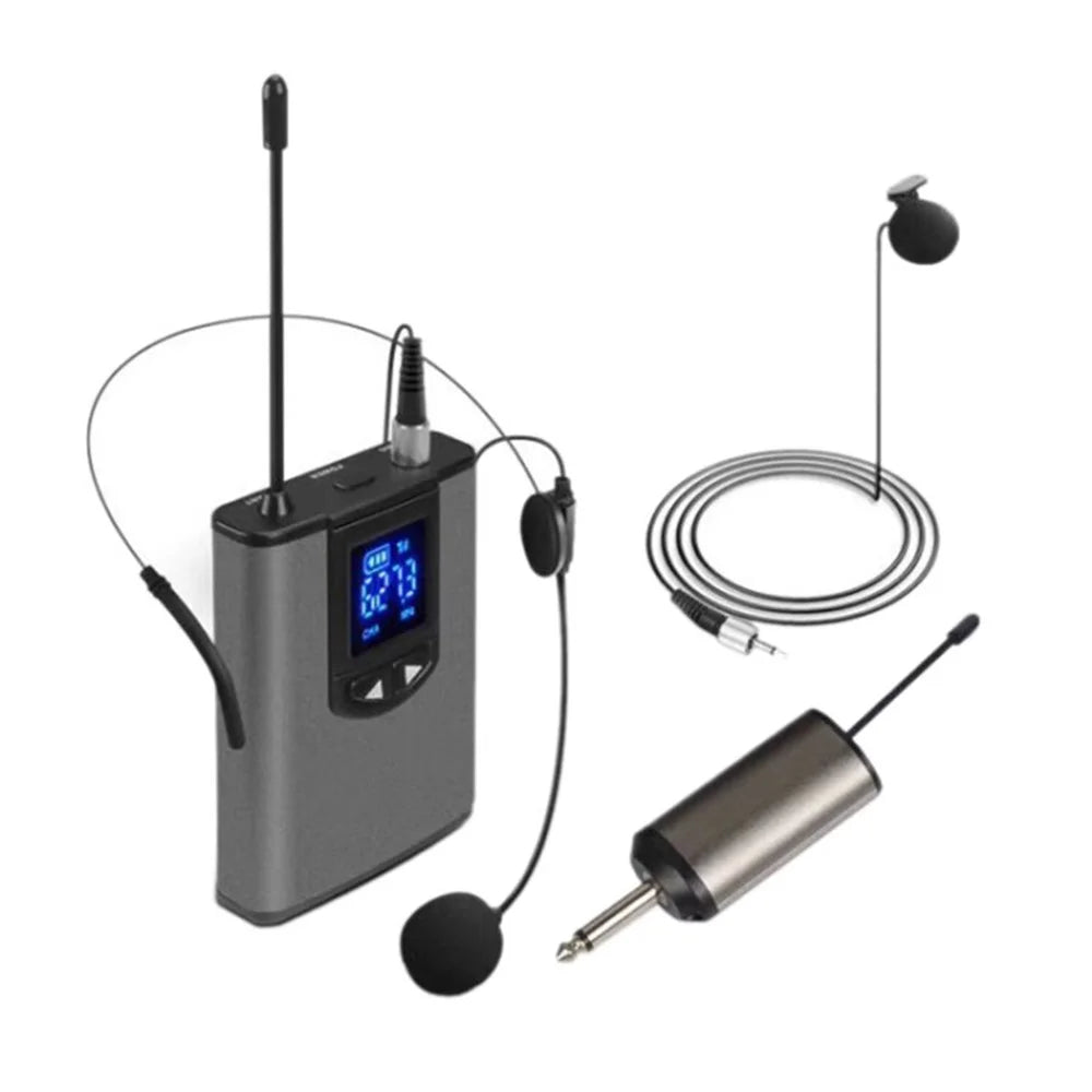 Wireless Headset Microphone System Lavalier Lapel Mic with Transmitter and Mini Rechargeable Receiver for Cameras Smartphones Laptops - Grey - 1