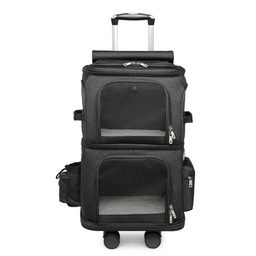 Double-layer Flodable Pet Trolley Bag Portable Outdoor Pull Rod Breathable Dog Cat Pet Carrier Bag - Black - 1