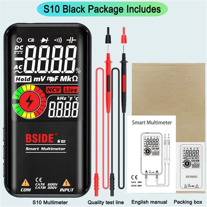 BSIDE Digital Multimeter 9999 Counts Auto Range Ohmmeter Smart DC AC Voltage Capacitor Resistance Diode NCV Hz Tester Detector - S10 / Black - 1