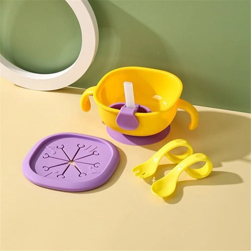 Silicone Baby Feeding Set Suction Divided Bowls Straw Lid Spoon Fork Baby Tableware Set (BPA-Free, NO FDA Certificate) - Yellow - 1