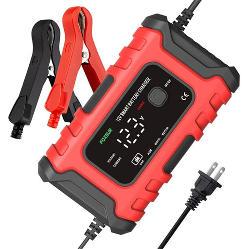 FOXSUR 12V 6A Car Battery Charger Automatic Smart Battery Maintainer with LCD Display Pulse Repair Charger for Car, Motorcycle - Red / US Plug - 1