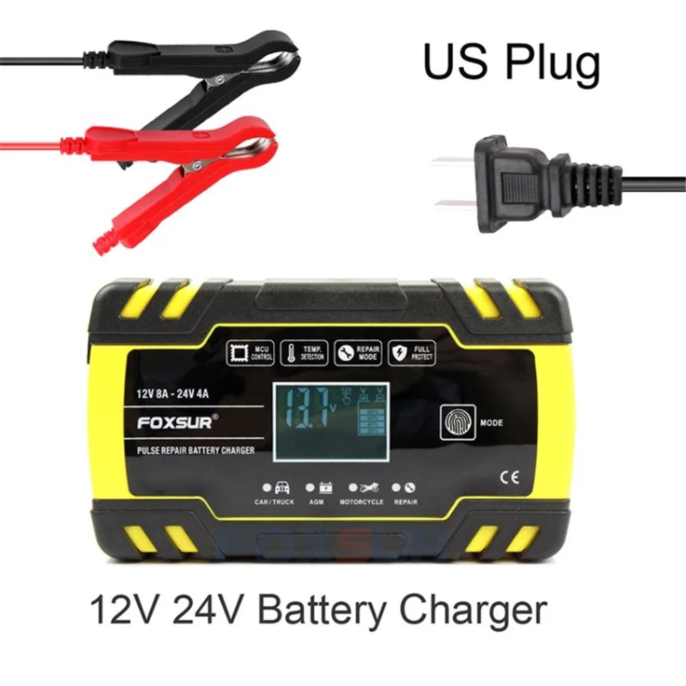 FOXSUR 24V 4A 12V 8A Full Automatic Car Battery Charger Fast Charging LCD Pulse Repair Charger - US Plug - 1