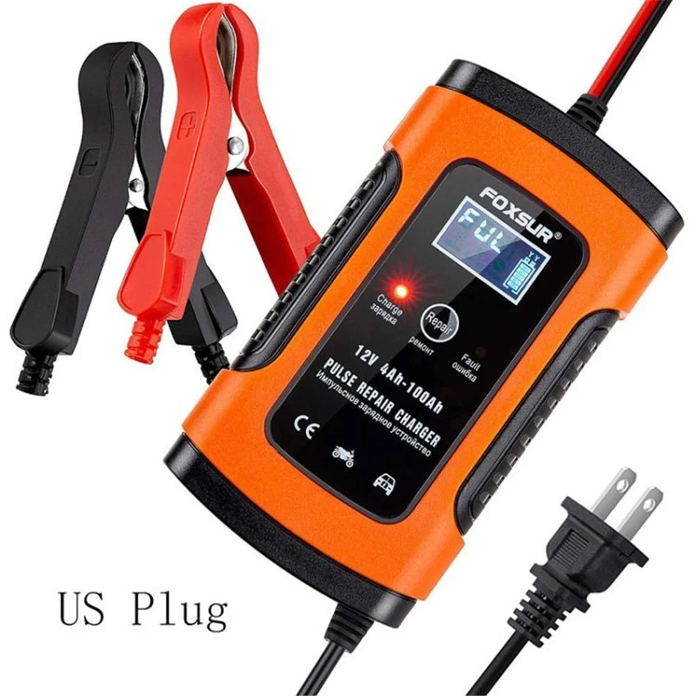 FOXSUR Universal 5A 12V Smart Battery Charger Motorcycle Car Battery Pulse Repair Charger - Red / US Plug - 1