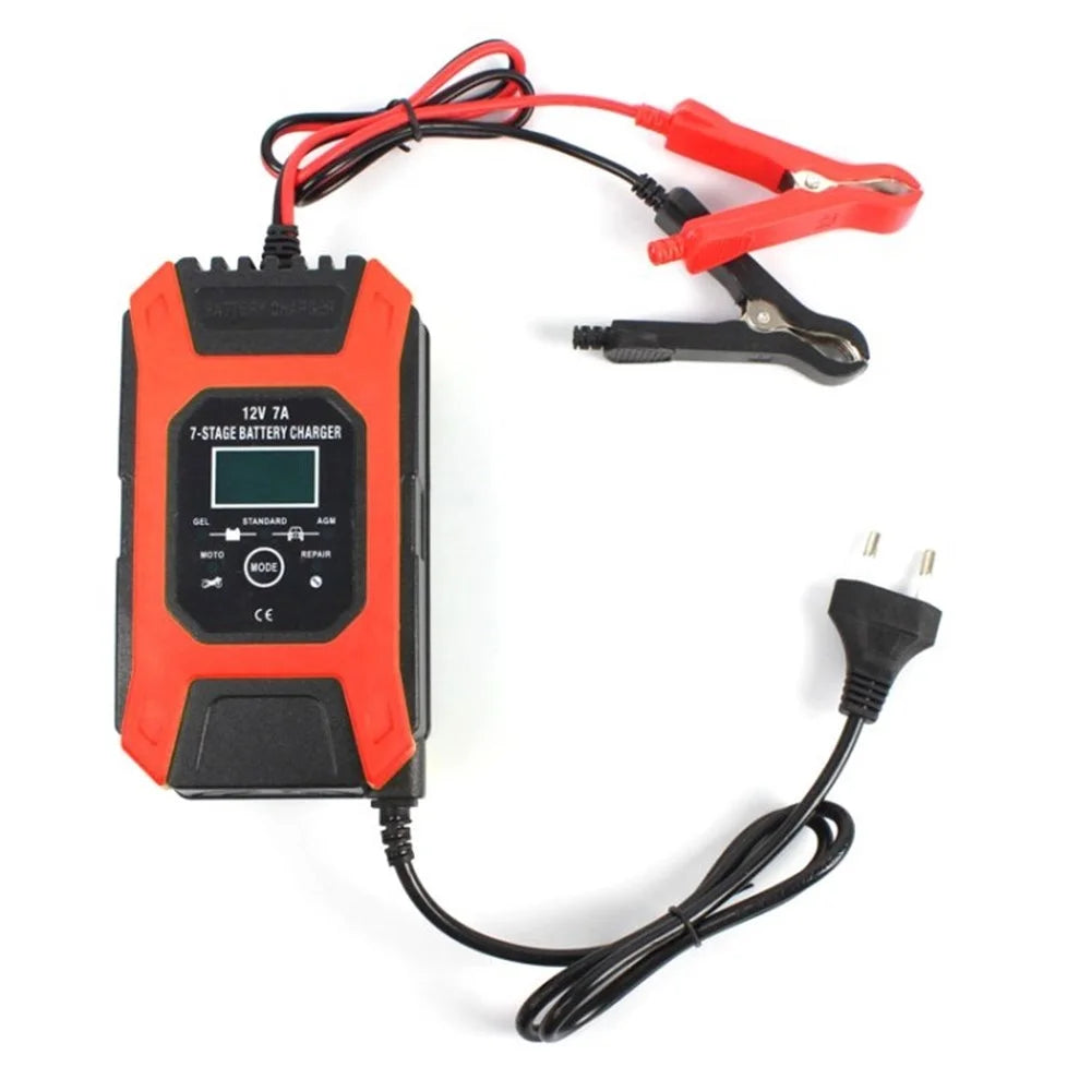 FOXSUR 12V 7A 7-Stage Battery Charger Automobile Pulse Repair Lead-Acid Battery Charger Maintainer for Car, Motorcycle - Red / EU Plug - 1
