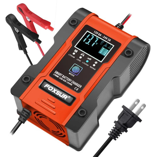 FOXSUR 12V 24V 6A 7-Stage Car Battery Charger Battery Pulse Repair Charger for GEL WET AGM 12.6V LiFePO4 LiPo - Red / US Plug - 1