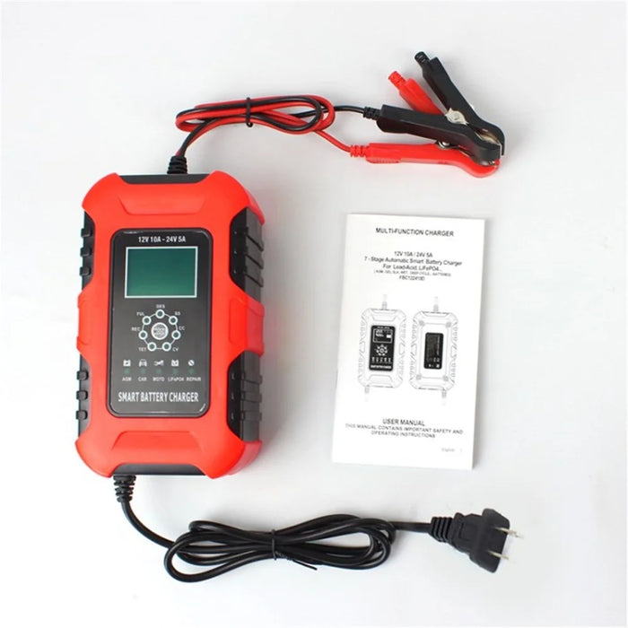 FOXSUR Car Battery Charger 12V / 10A 24V / 5A Automatic Smart Charger GEL AGM LiFePo4 Battery Charger - Red / US Plug - 1