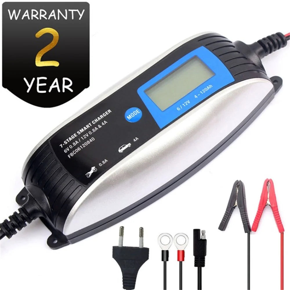 FOXSUR 6V 12V 0.8A 4A Lead Acid Battery Charger 7-Stage Smart Car Charger Portable Battery Maintainer - EU Plug - 1
