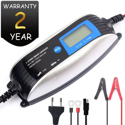 FOXSUR 6V 12V 0.8A 4A Lead Acid Battery Charger 7-Stage Smart Car Charger Portable Battery Maintainer - EU Plug - 1